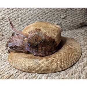 Women's Vintage Miss Bierner Straw Fedora Hat Brown Pheasant Feathers NWT!